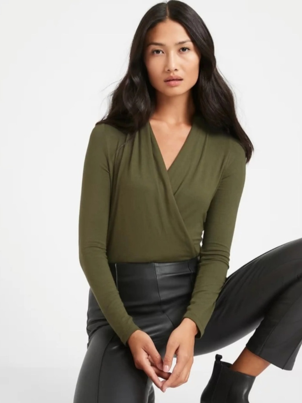 Banana Republic Olive Wrap-Front Long Sleeve Top